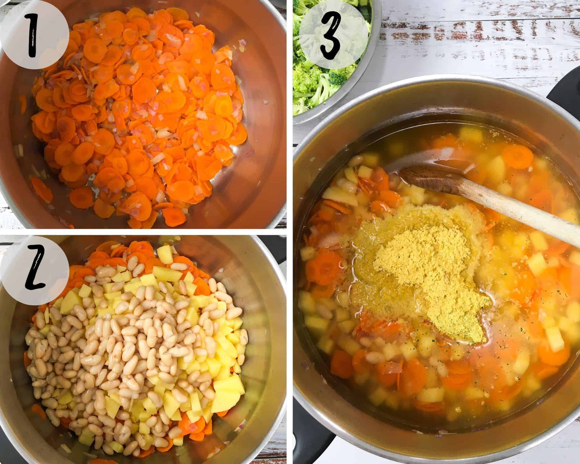 pot with carrots, white beans, broth, for soup