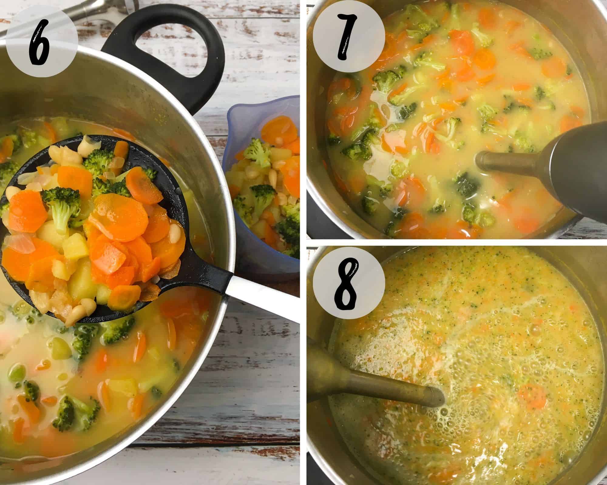 immersion blender pureeing soup in large pot