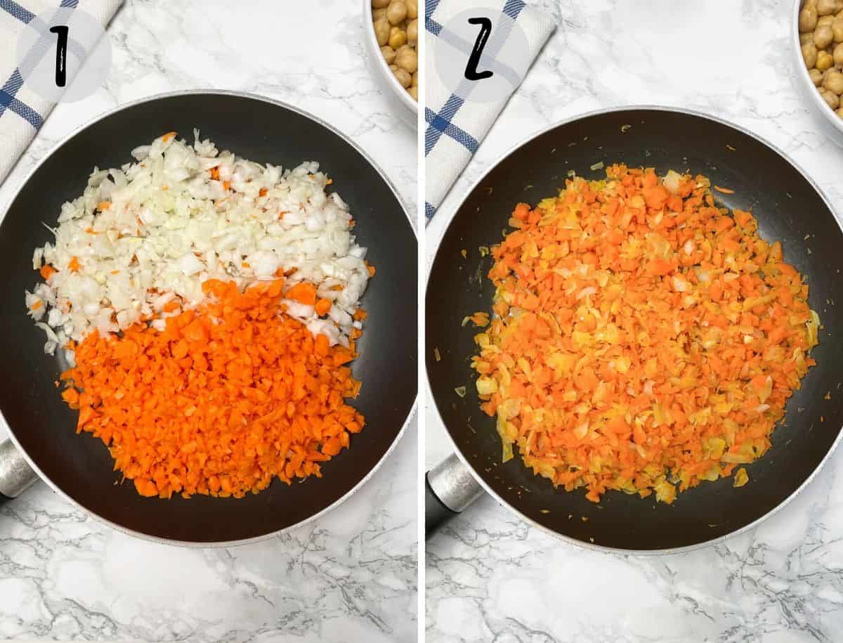 onion and carrot in large skillet being sauteed