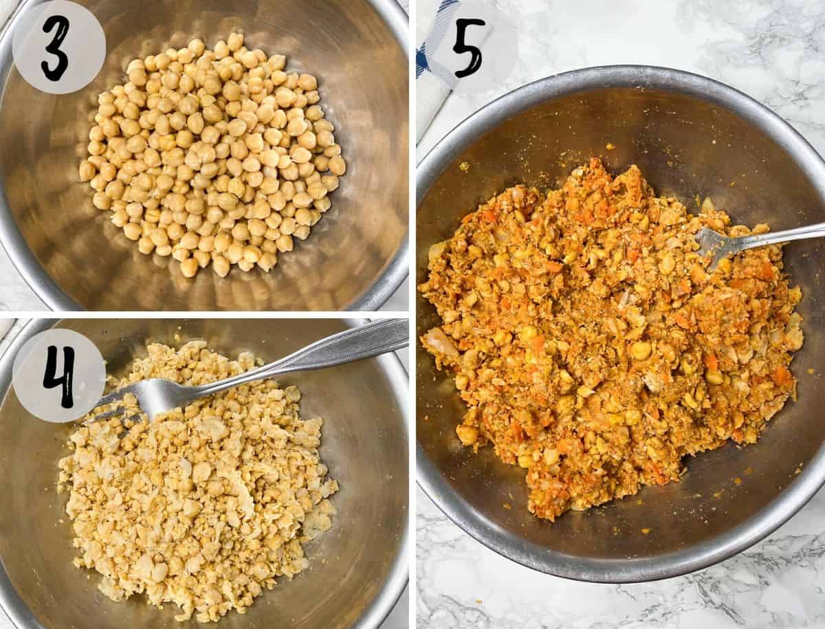 chickpeas being mashed with large fork in mixing bowl