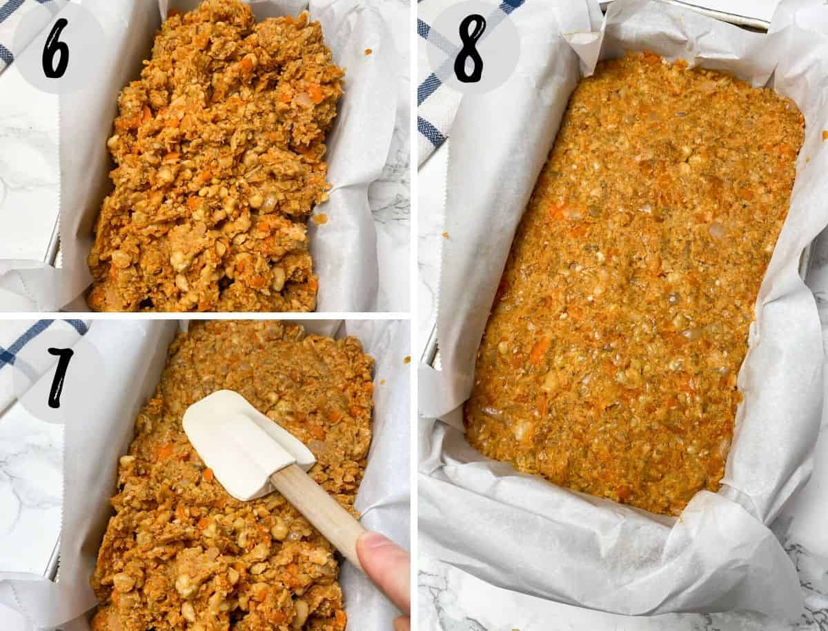 chickpea meatloaf batter in loaf pan before cooking
