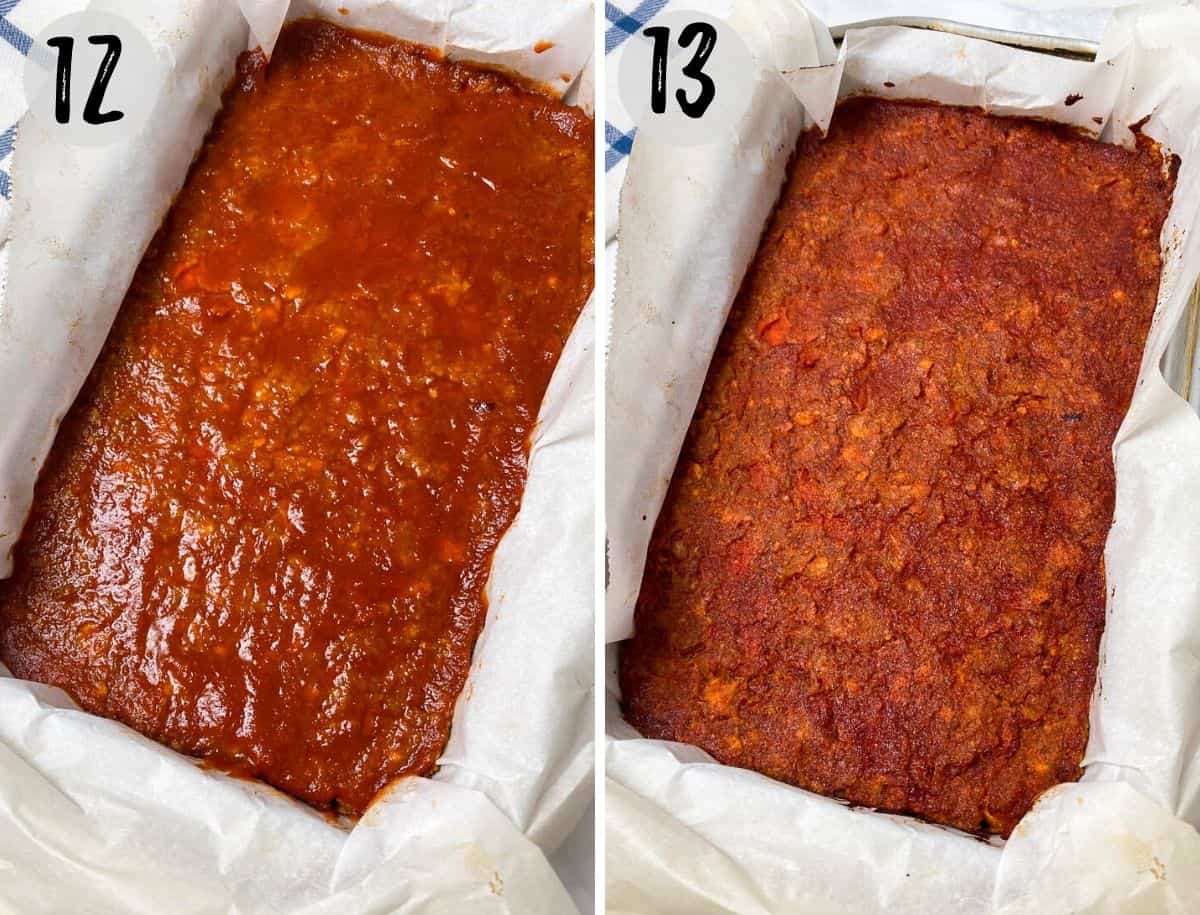 baked chickpea meatloaf in loaf pan with red sauce on top