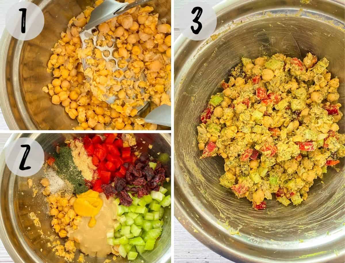 Chickpeas being smashed in bowl and then mixed with veggies, seasoning and tahini.