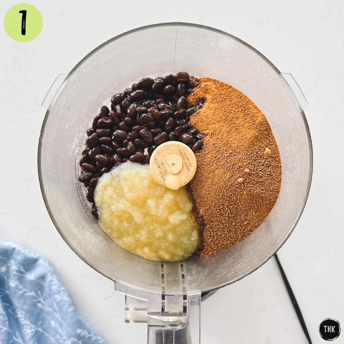 Black beans, applesauce, and coconut sugar in food processor.