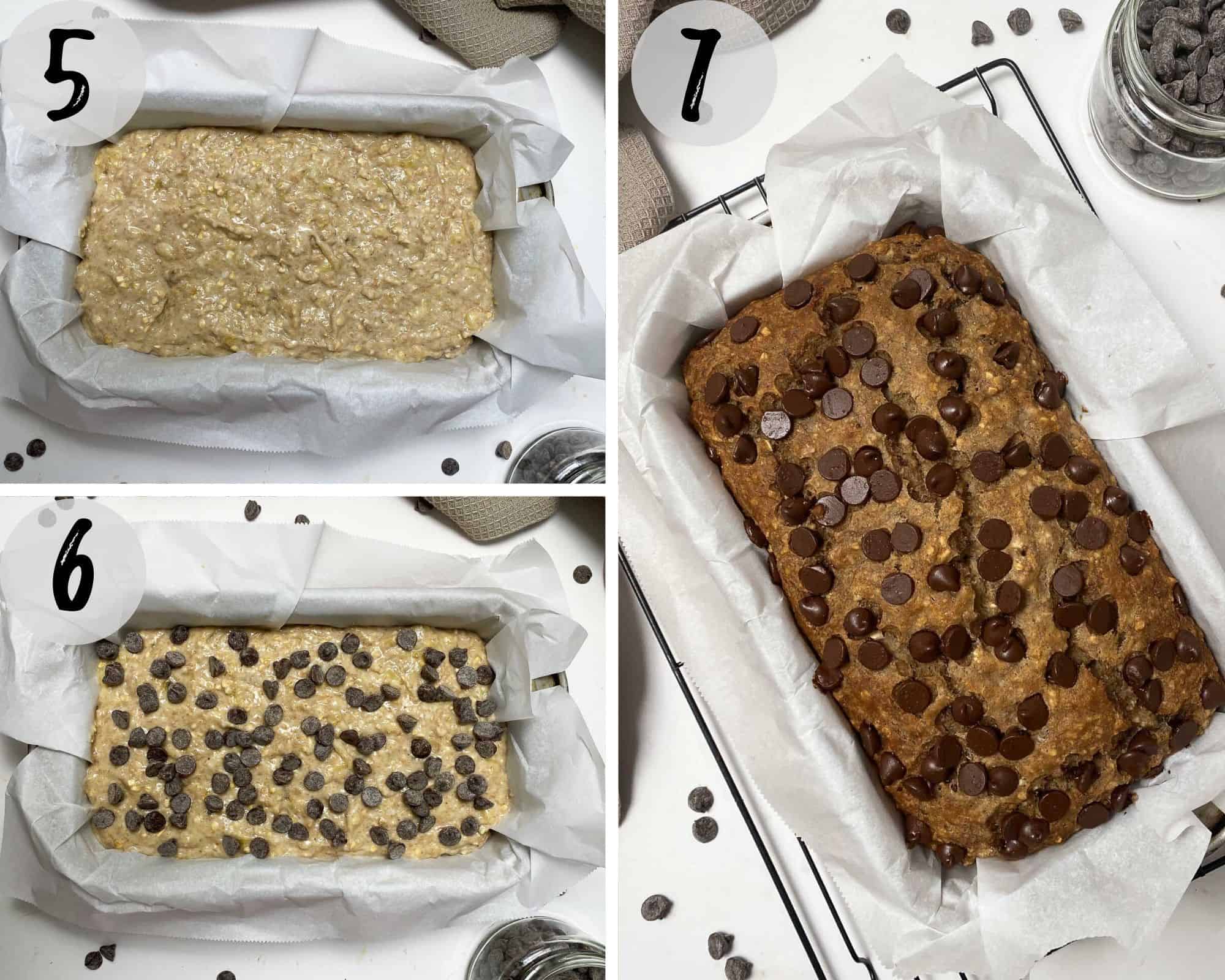 Collage of images showing banana bread in loaf pan raw and then baked.