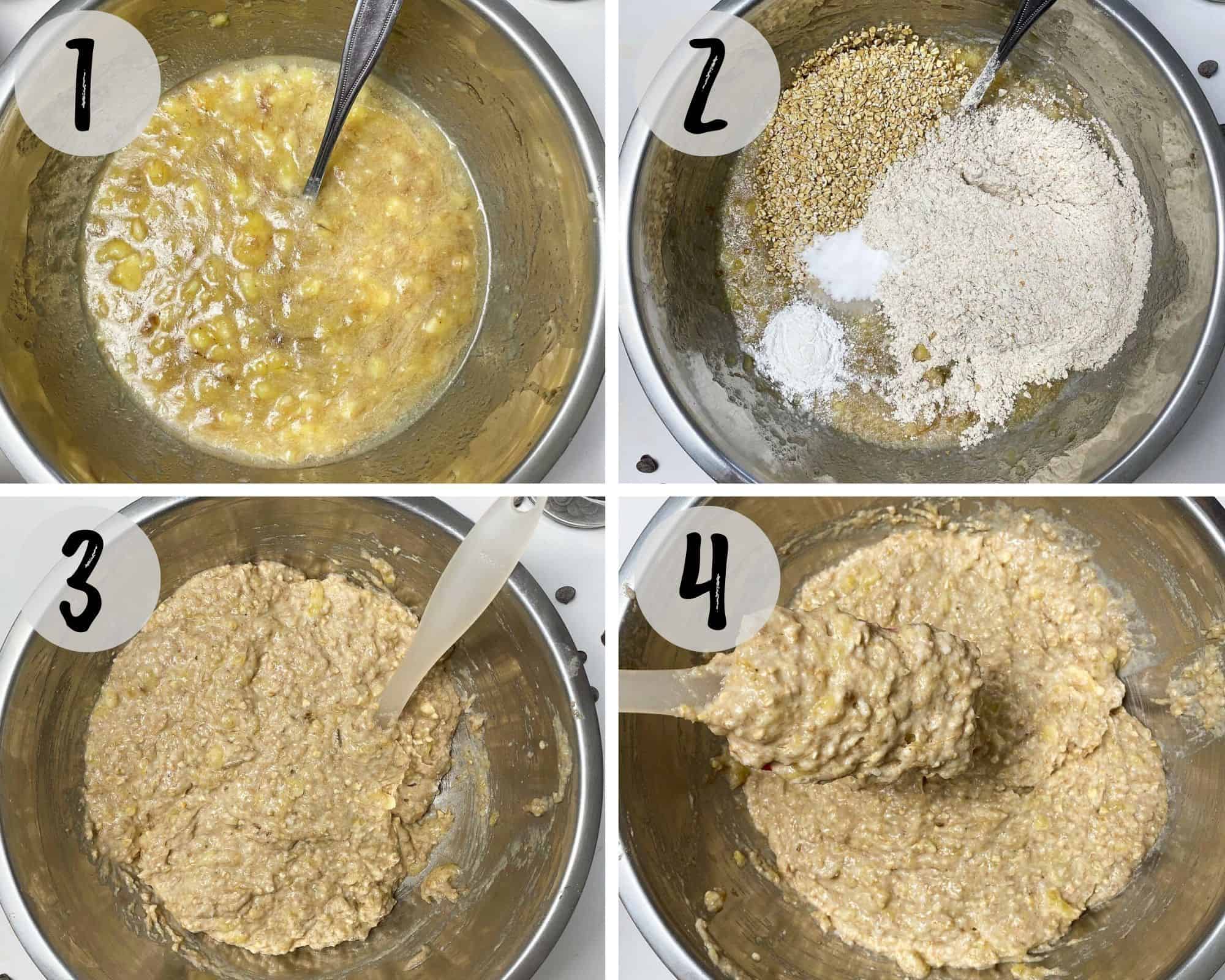 mixing bowl with banana bread batter being mixed together.
