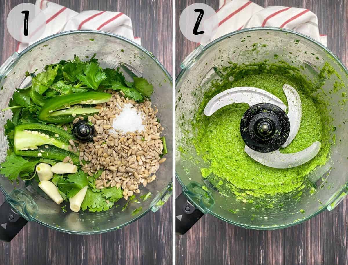 Food processor with sunflower seeds, cilantro, jalapeno, garlic, salt and lime inside, to process into pesto.