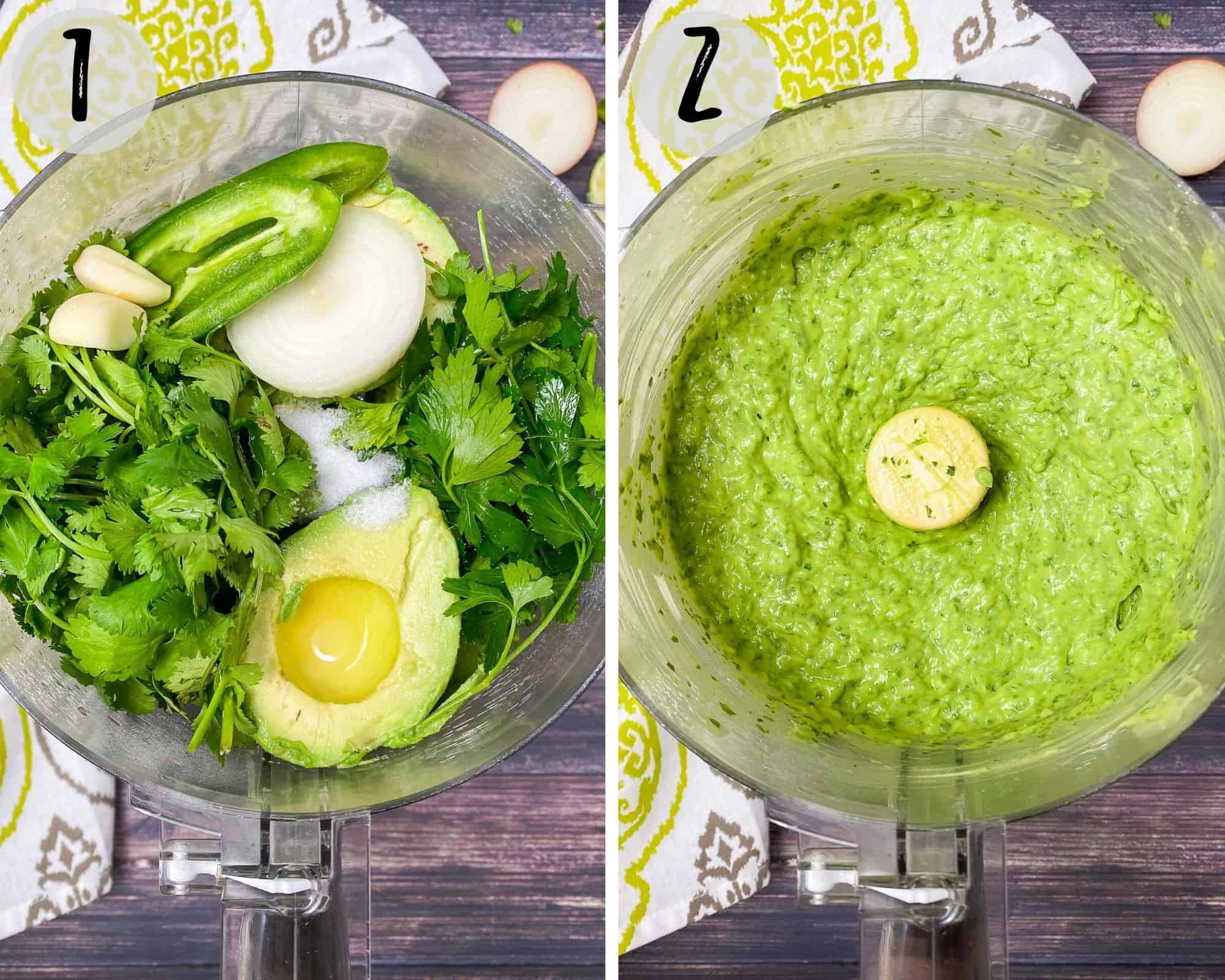 food processor filled with avocado, herbs, onion, jalapeno, salt and garlic to make dip
