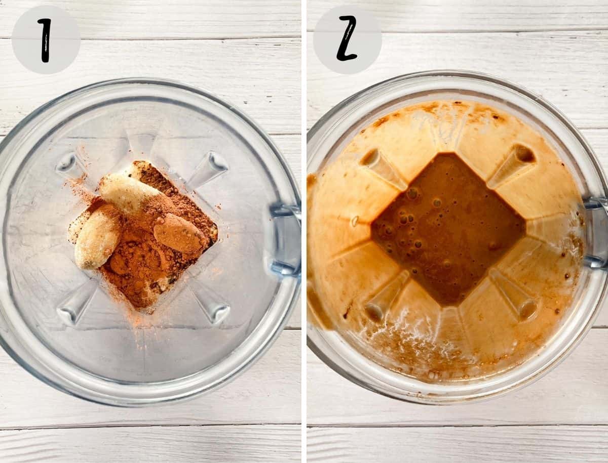 Frozen banana, cocoa powder, dates and coffee in blender being processed.