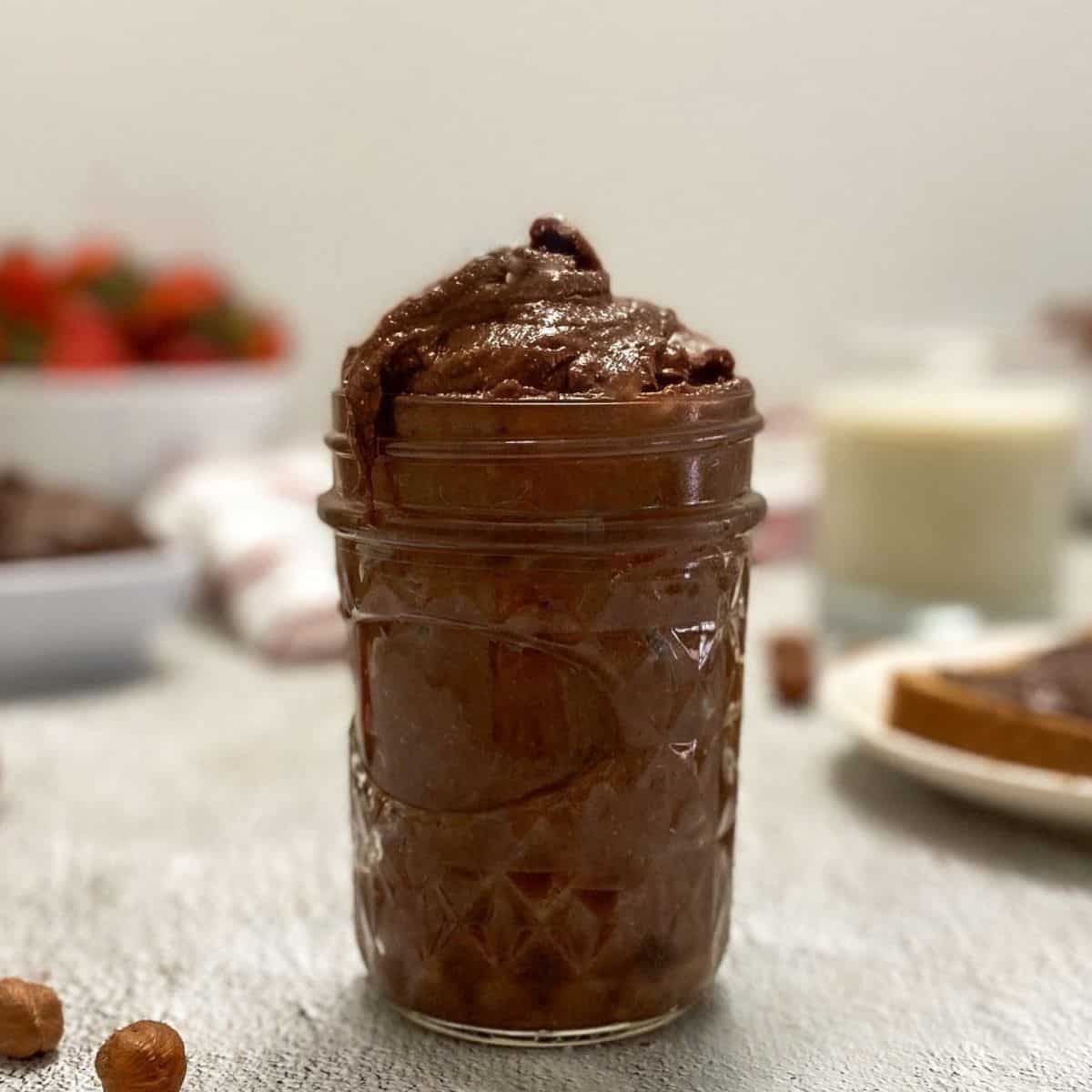 Glass jar filled with homemade nutella.