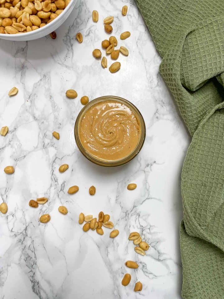 birds eye view of peanut butter in glass jar