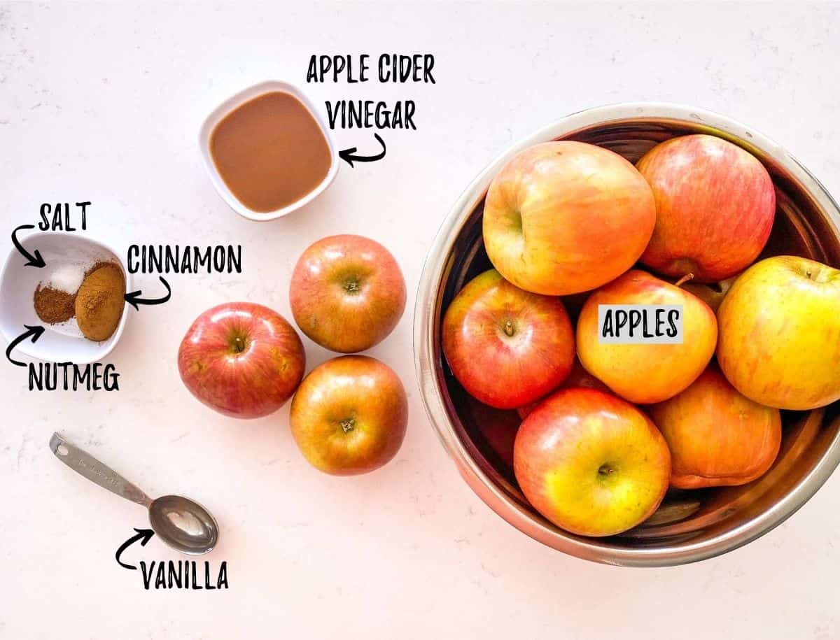 Large bowl of apples, spoon of vanilla, bowl of vinegar and bowl of spices scattered on kitchen counter.