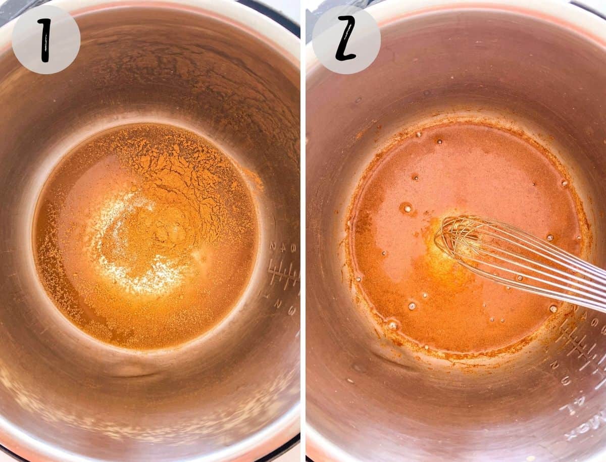 Liquid and seasoning being whisked together in pot.