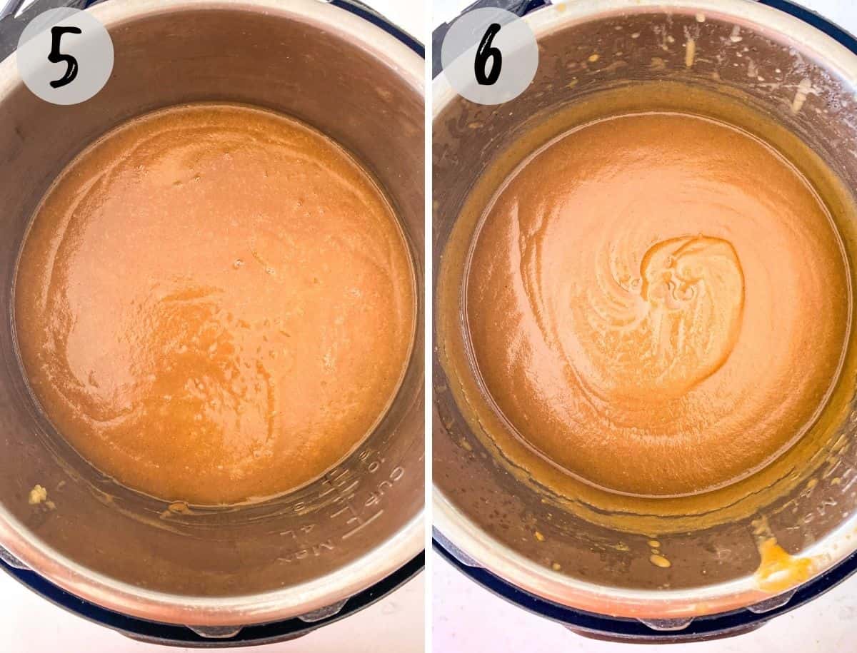 Pot of pureed apple butter before and after thickening.