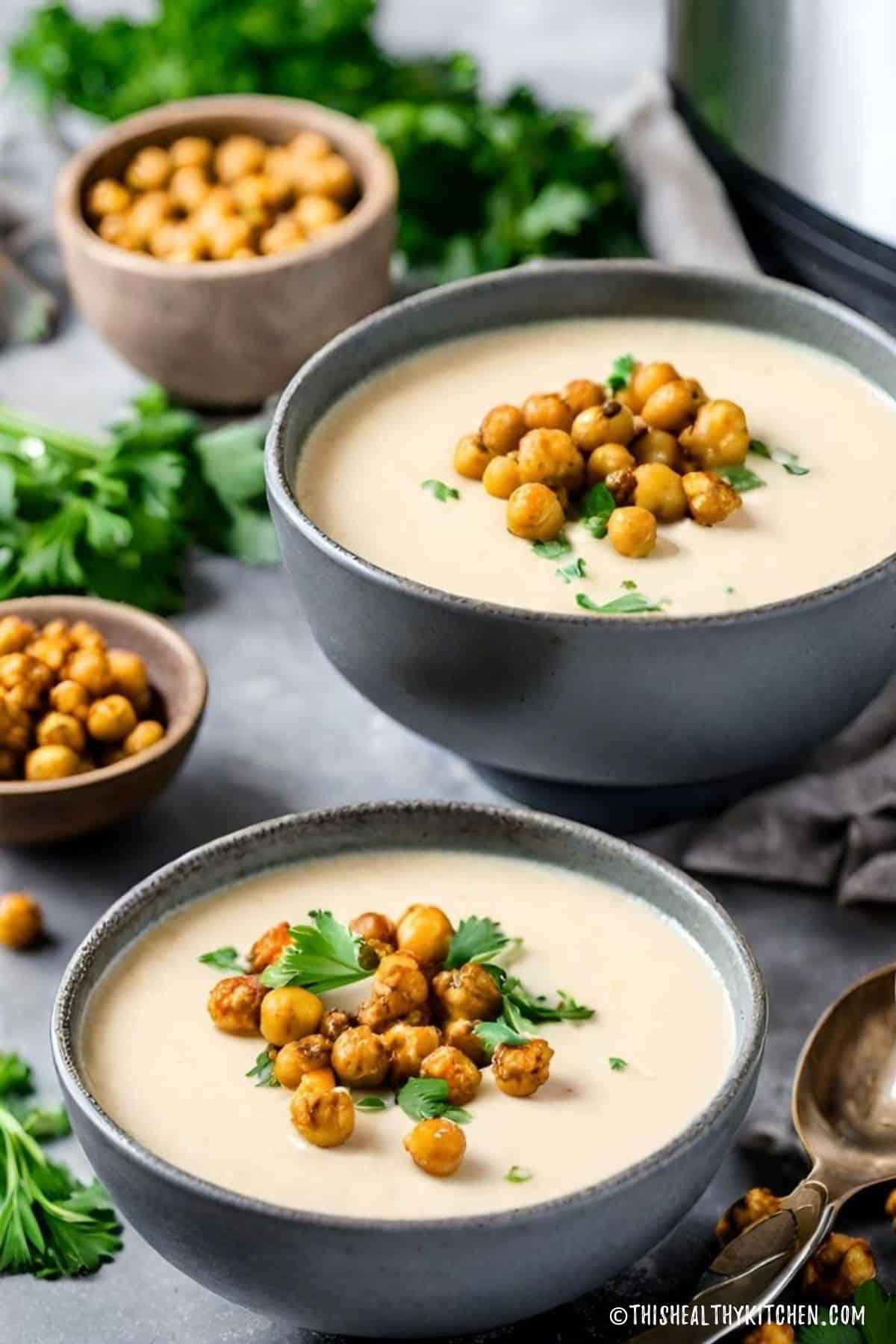 Bowls of cauliflower soup with roasted chickpeas on top and Instant Pot in background.