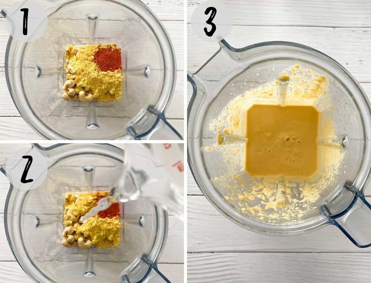 vegan cheese sauce in blender, being processed.