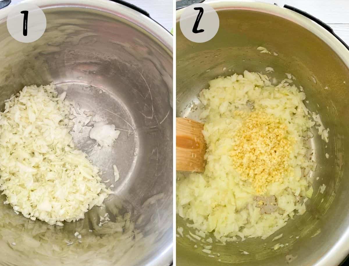 instant pot with onion, ginger and garlic being sautéed