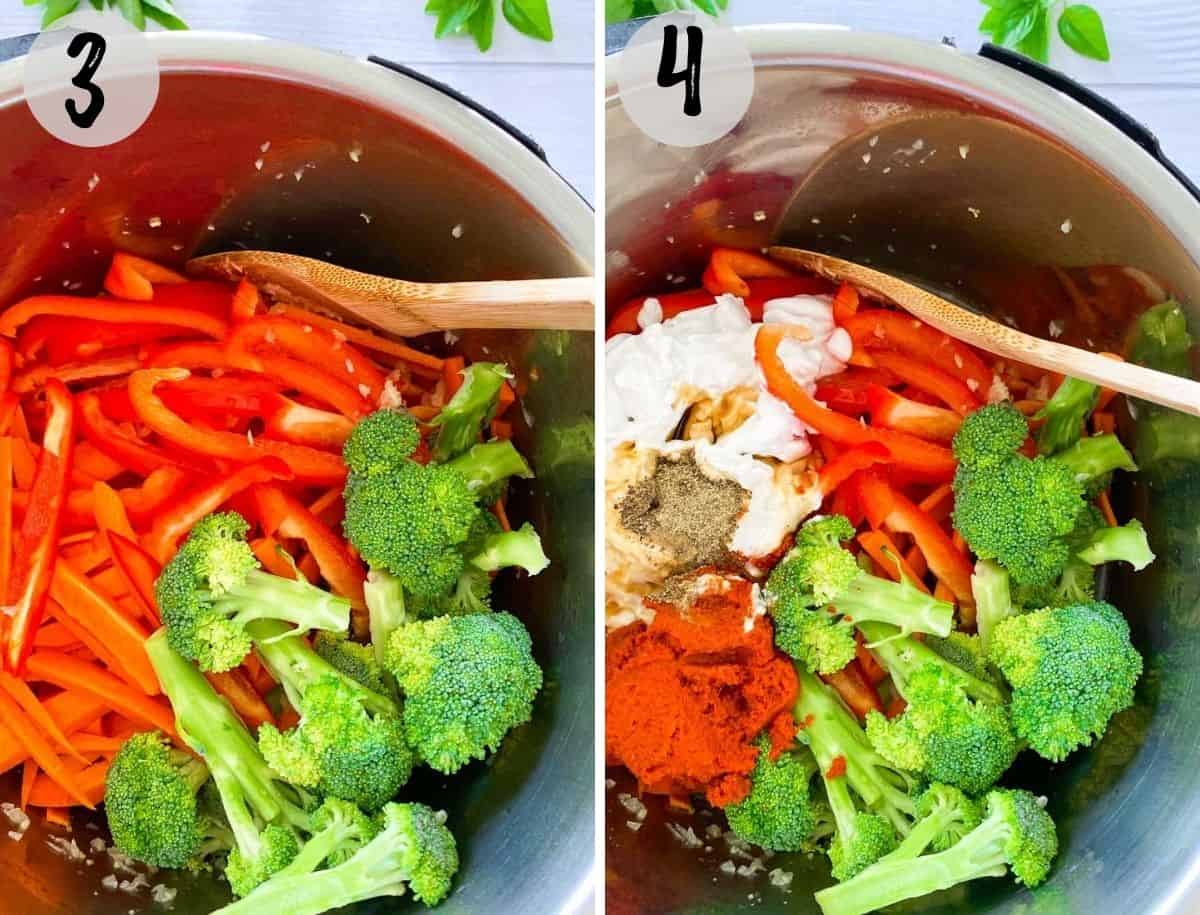 pot filled with red pepper, carrot strips and broccoli, coconut milk, curry paste and seasoning