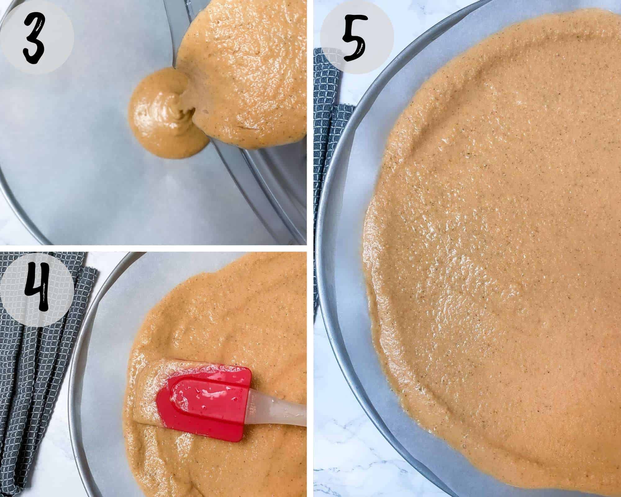 pouring lentil batter onto pizza tray and spreading to its edges