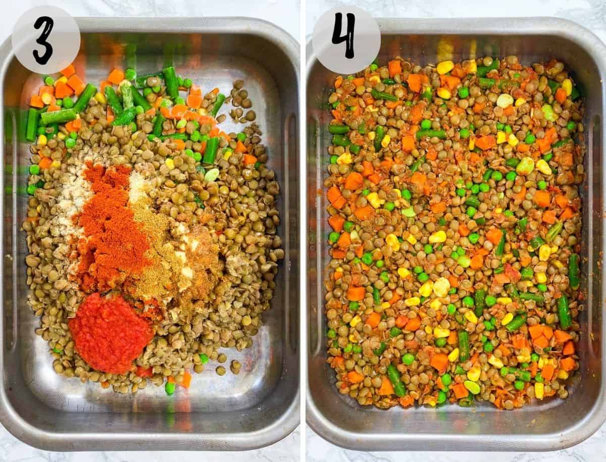 Baking dish filled with lentils, mixed veggies and seasoning.