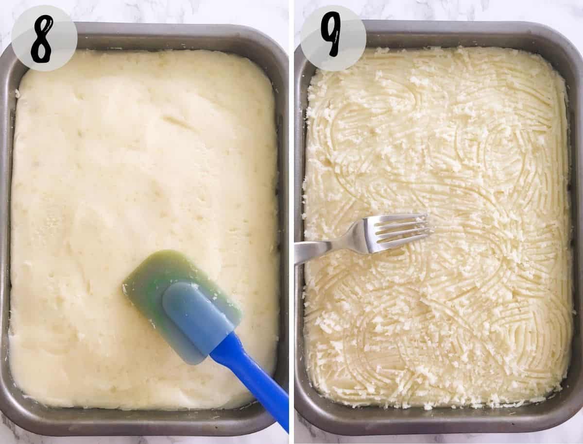 Baking dish with potatoes being smoother out with silicone spatula, and then a fork making crisscross pattern.
