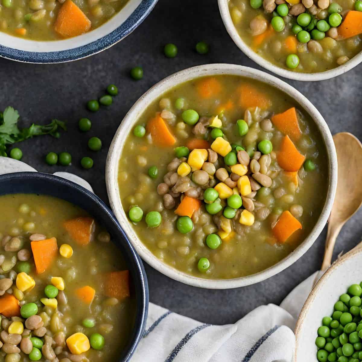 Lentil split pea soup in four bowls.