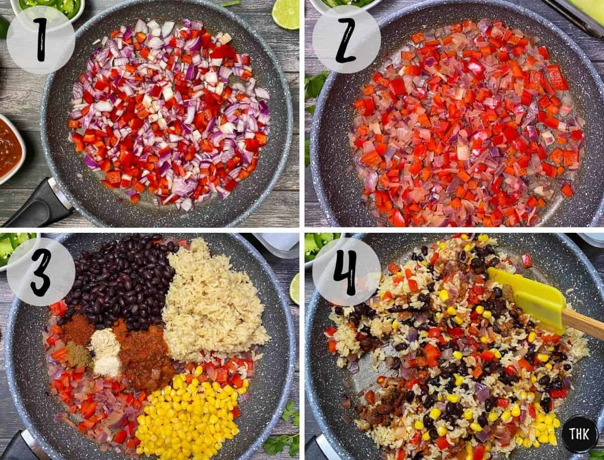 Pepper and onion in frying pan being sautéed and then beans, rice and seasoning added.
