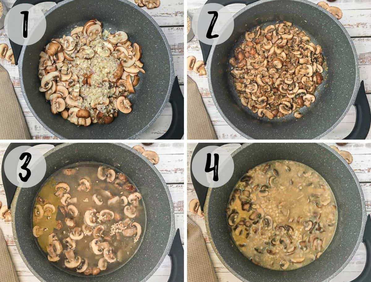 Image collage of pot of mushrooms with barley and broth added to make soup.