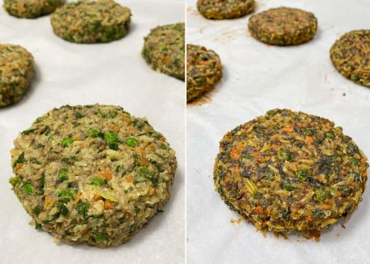 mushroom risotto burgers on baking tray before and after baking