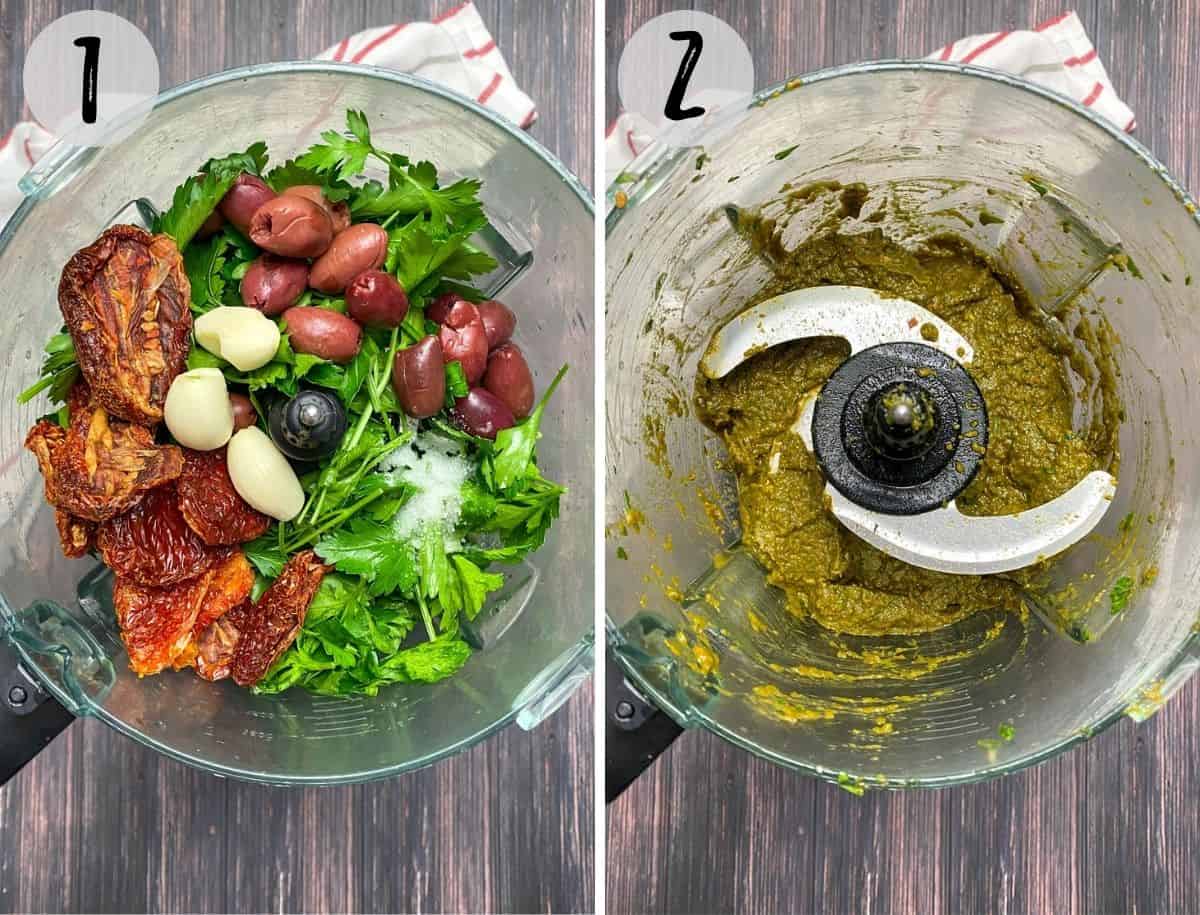 Food processor with parsley, garlic, sun dried tomatoes, olives, salt and lemon juice to make pesto.