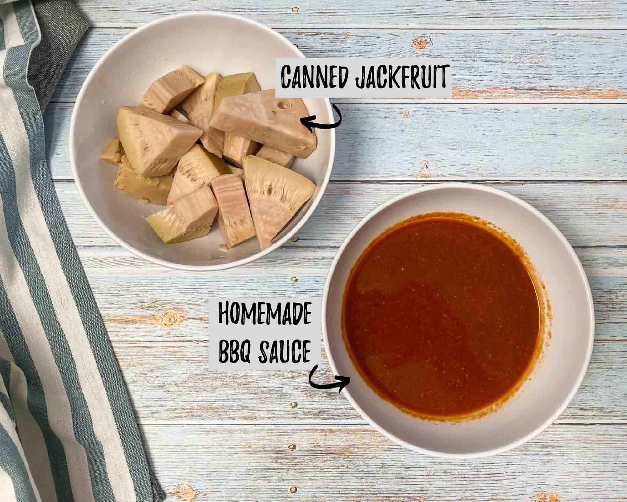 bowl of jackfruit chunks and bowl of homemade bbq sauce