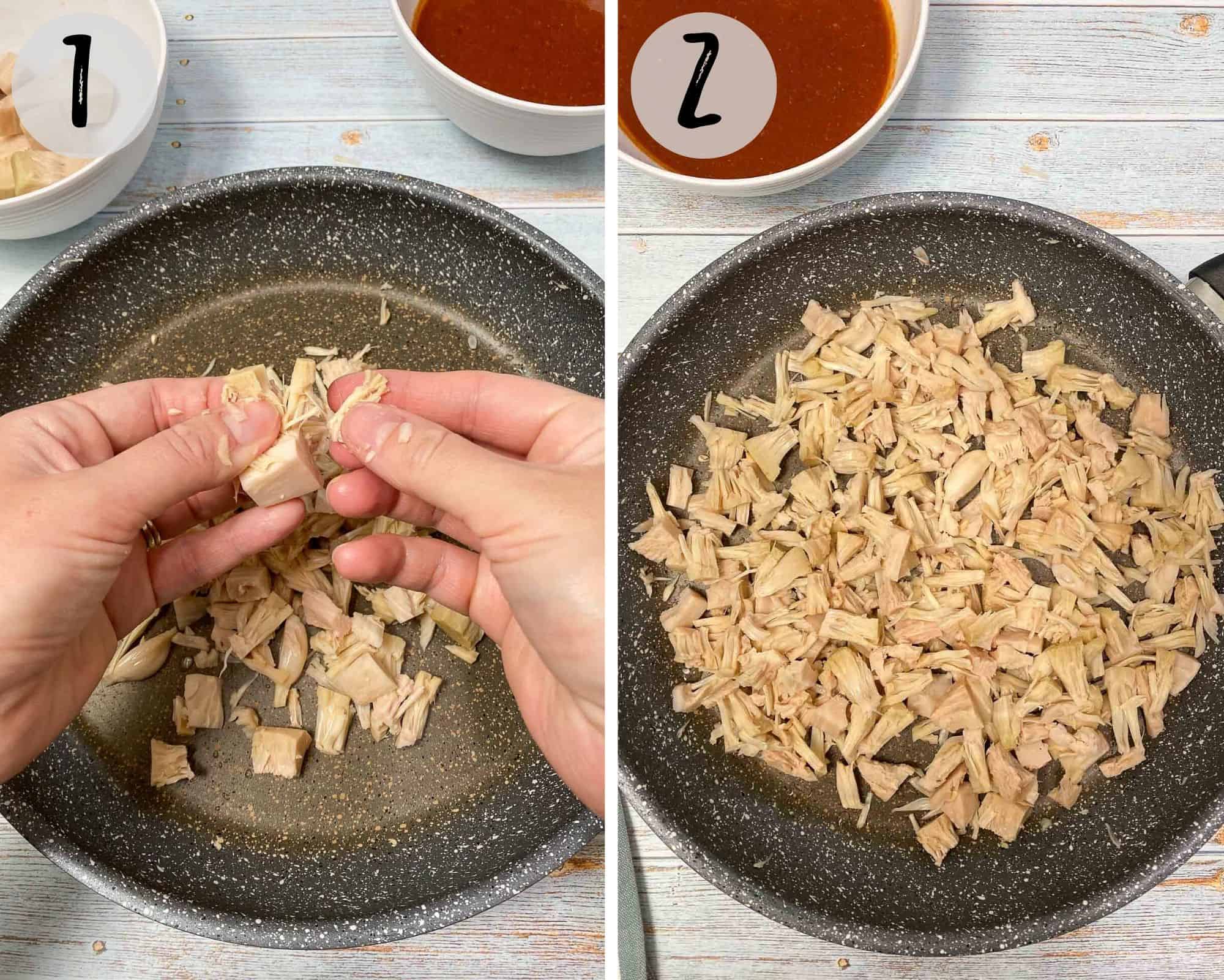 shredding jackfruit with hands into large skillet