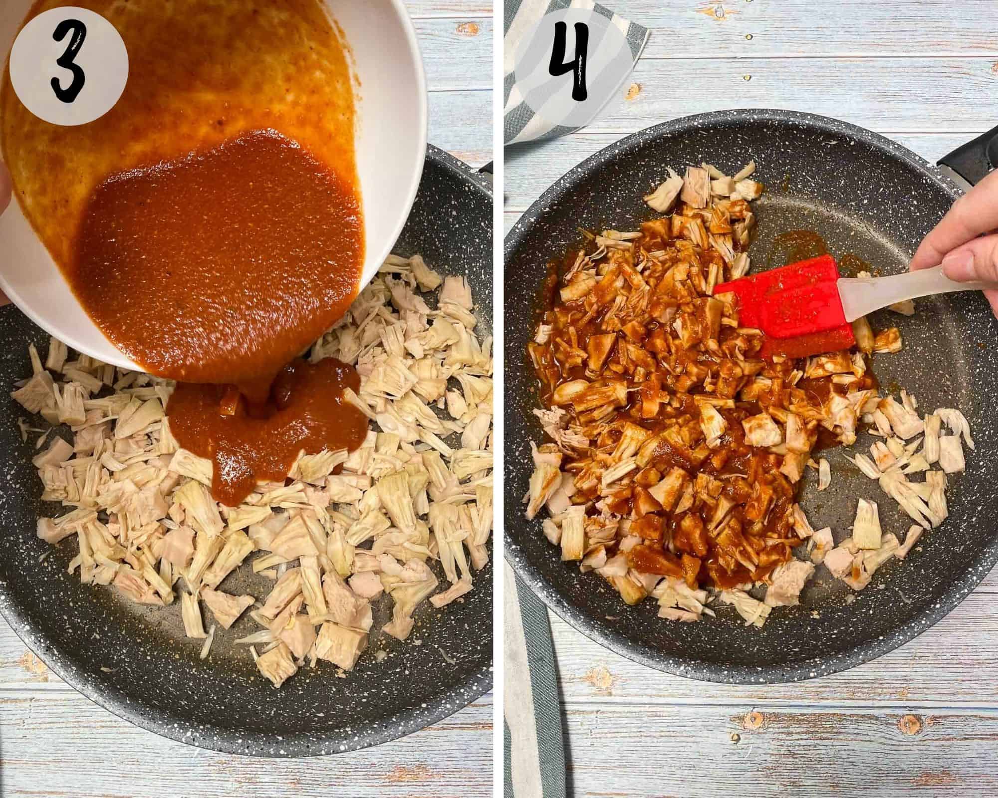 pouring bbq sauce over shredded jackfruit