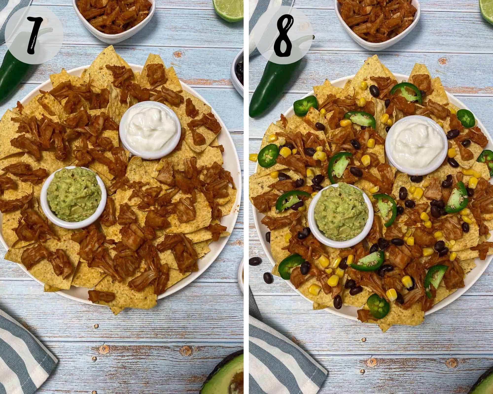 layering nacho chips with jackfruit, black beans, jalapeno and corn