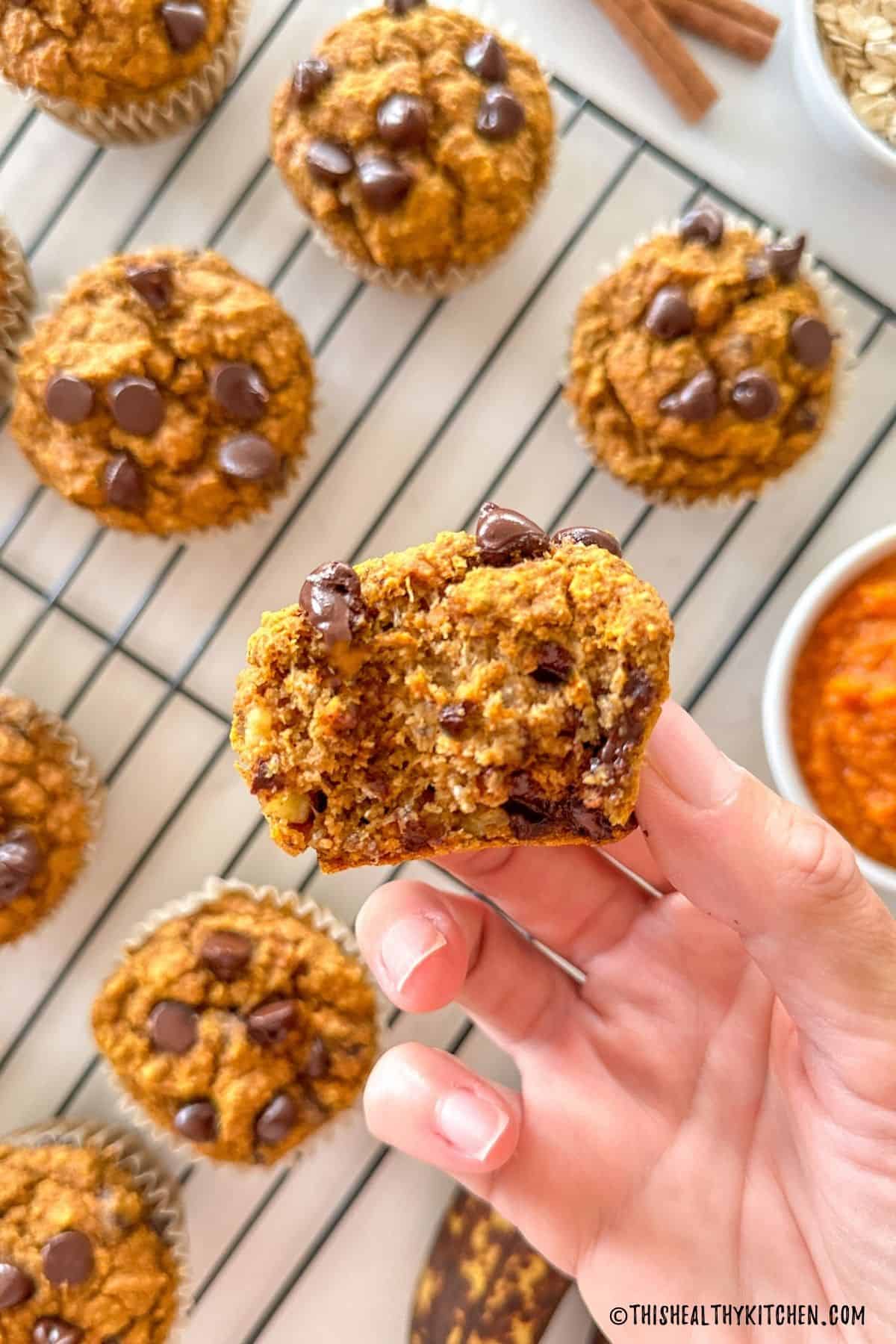 Hand holding up a muffin with a big bite taken from it.