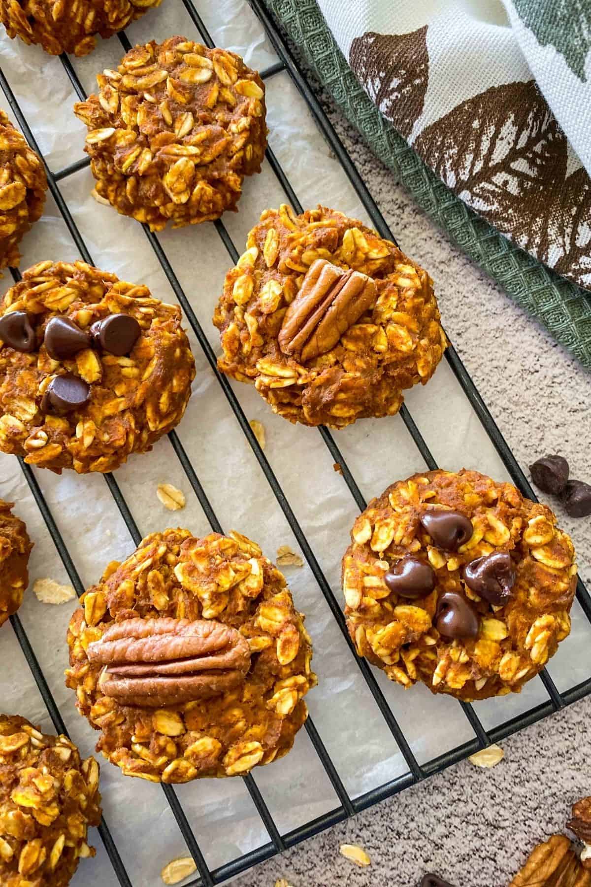 Close up of pumpkin oatmeal cookies on cooling rack.