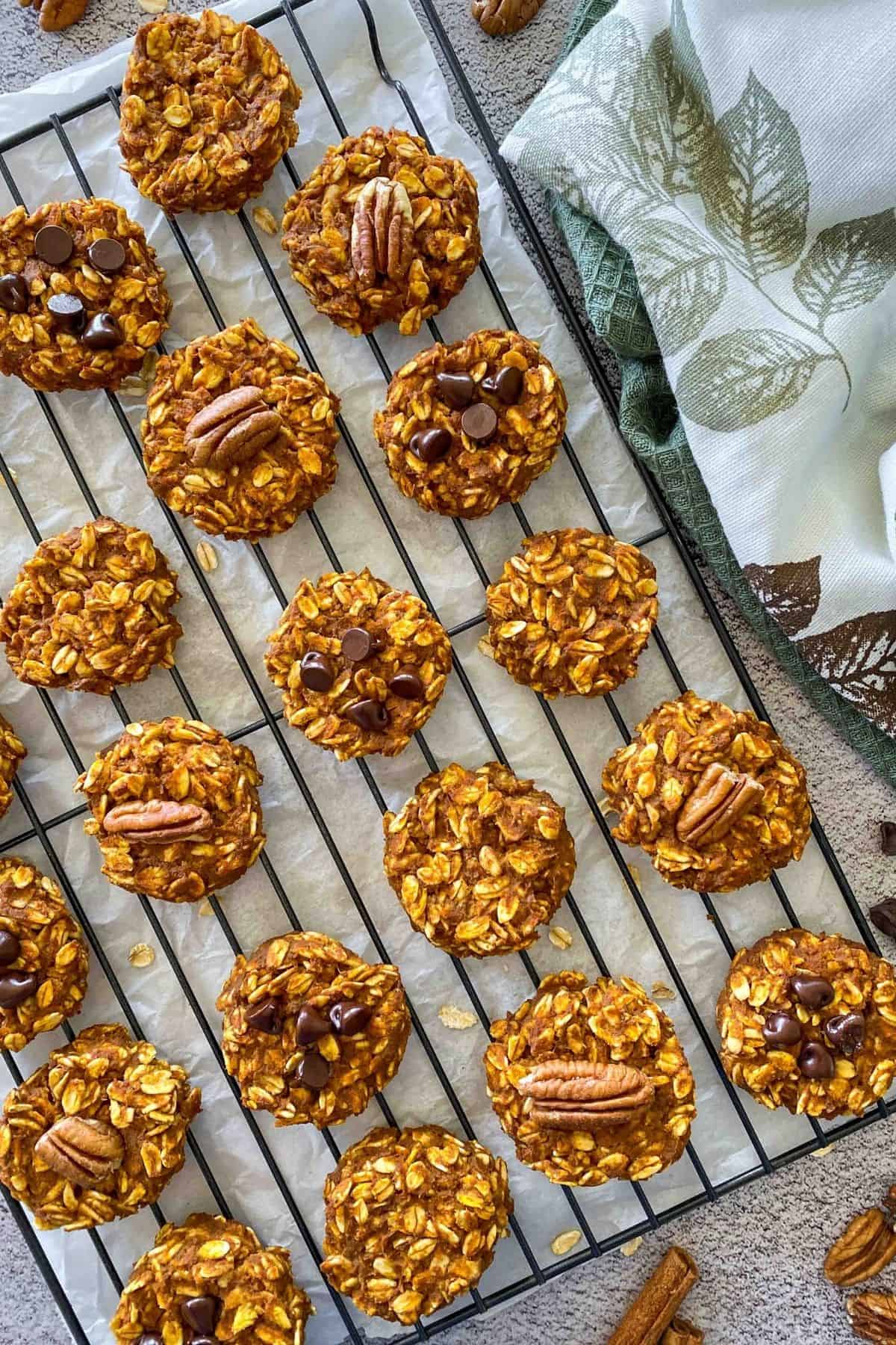 Pumpkin oatmeal cookies with chocolate chips and pecan halves on cooling rack.