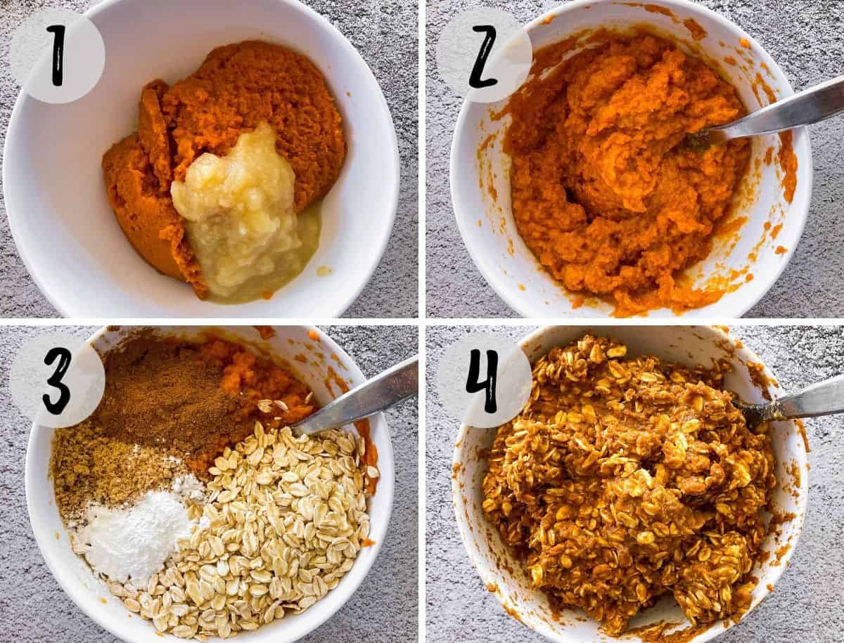 Bowl with pumpkin, apple sauce, oats, spices and baking powder being mixed into batter.