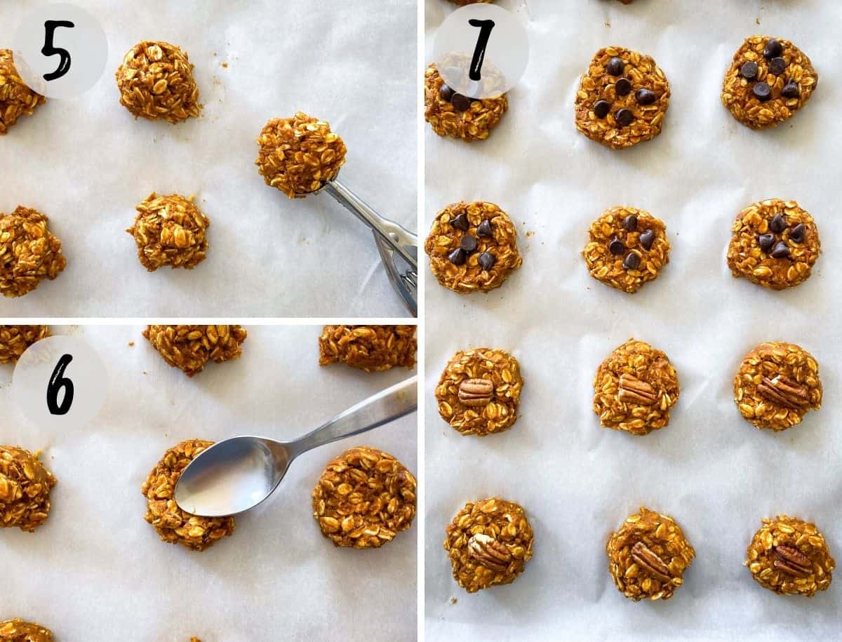 Oatmeal cookies being scooped onto baking sheet and then pressed down with spoon.