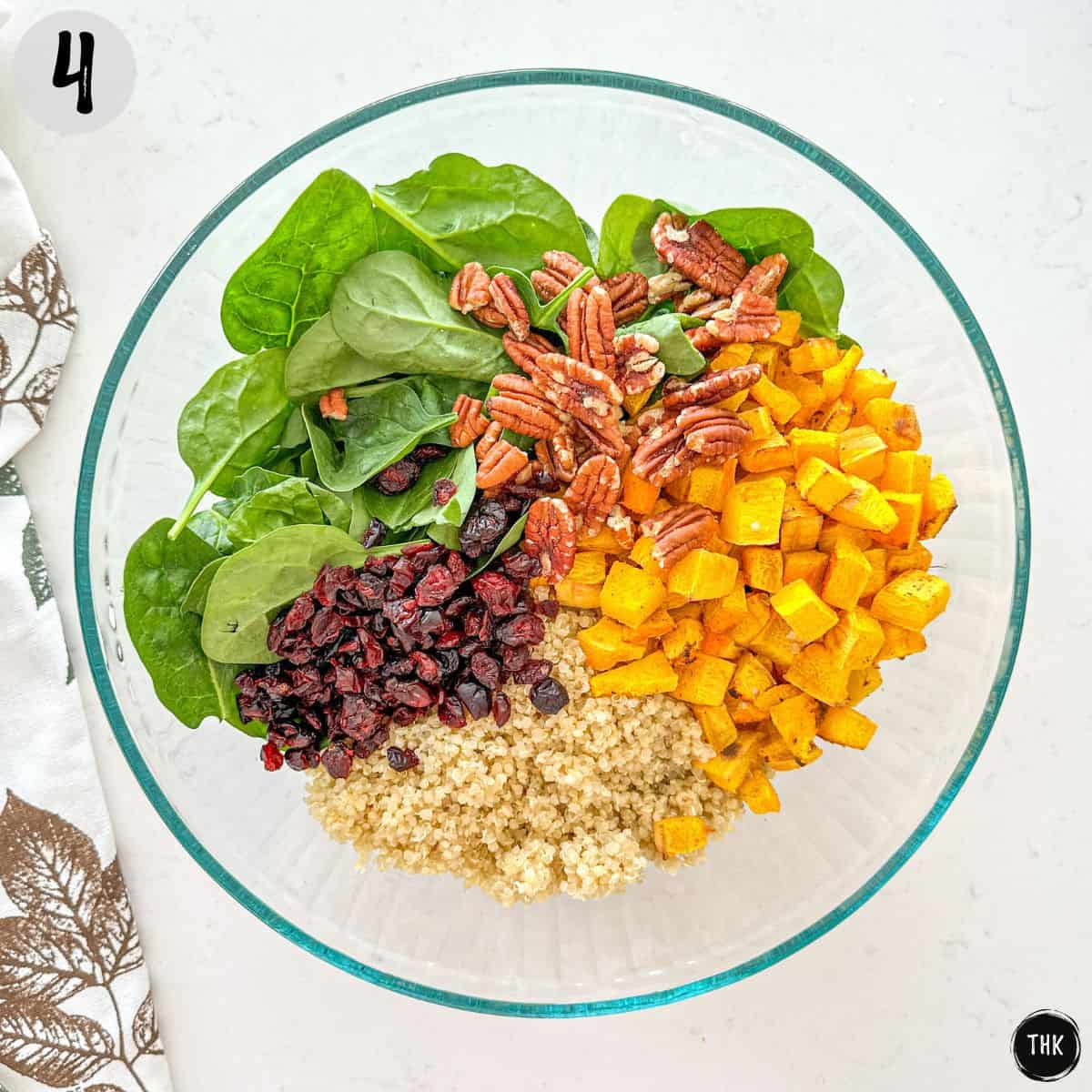 Cooked quinoa, roasted pumpkin cubes, pecans, baby spinach and dried cranberries in large bowl.