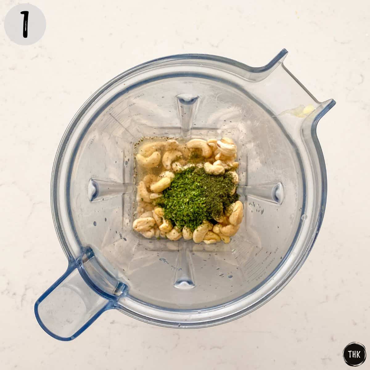 Cashews, water and spices in blender.