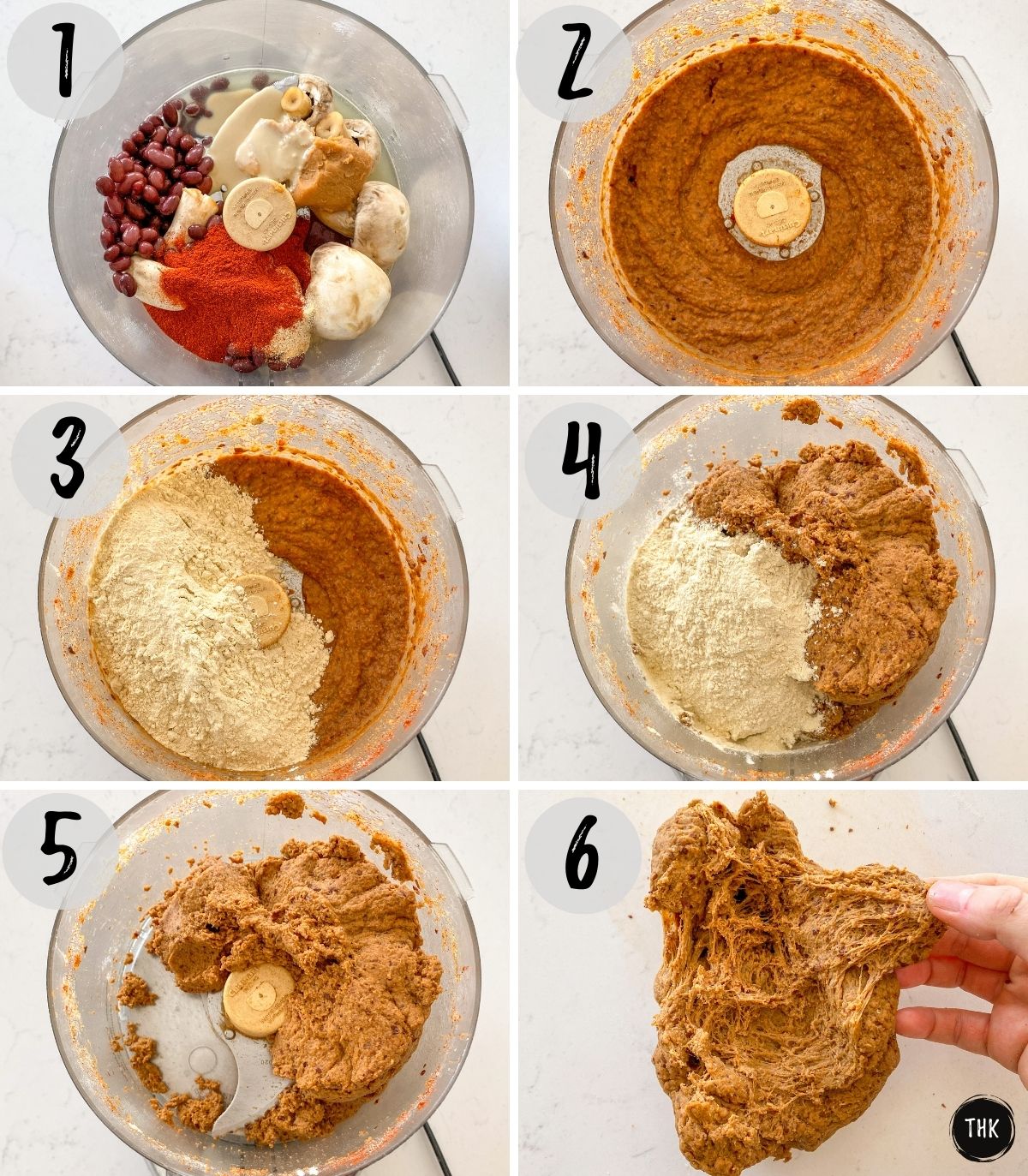 Image collage: mushrooms, beans, seasoning in food processor being blended, and then flour added and reblended.