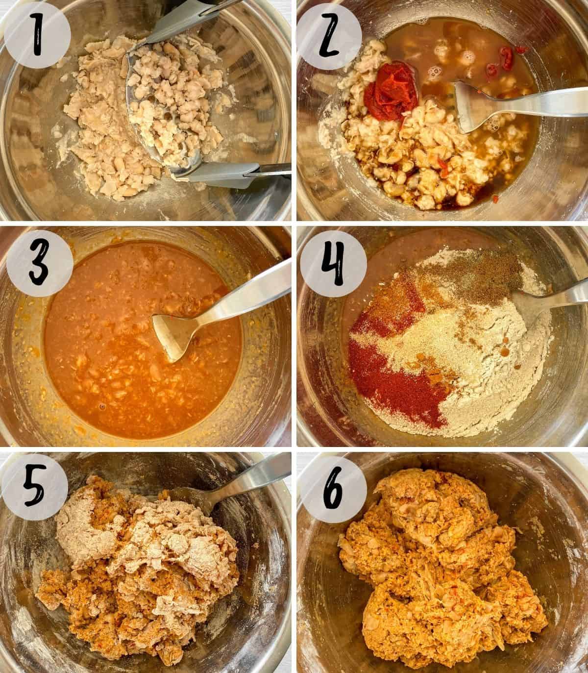Image collage of beans being mashed, then liquids and dry ingredients added and mixed into a ball of dough.