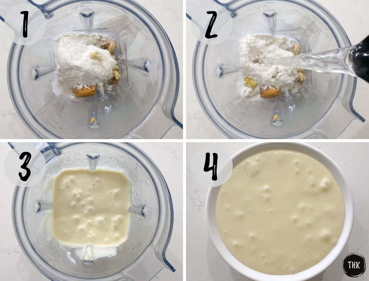 Blender with cashews, seasoning, tapioca flour and water being blended into vegan cheese.