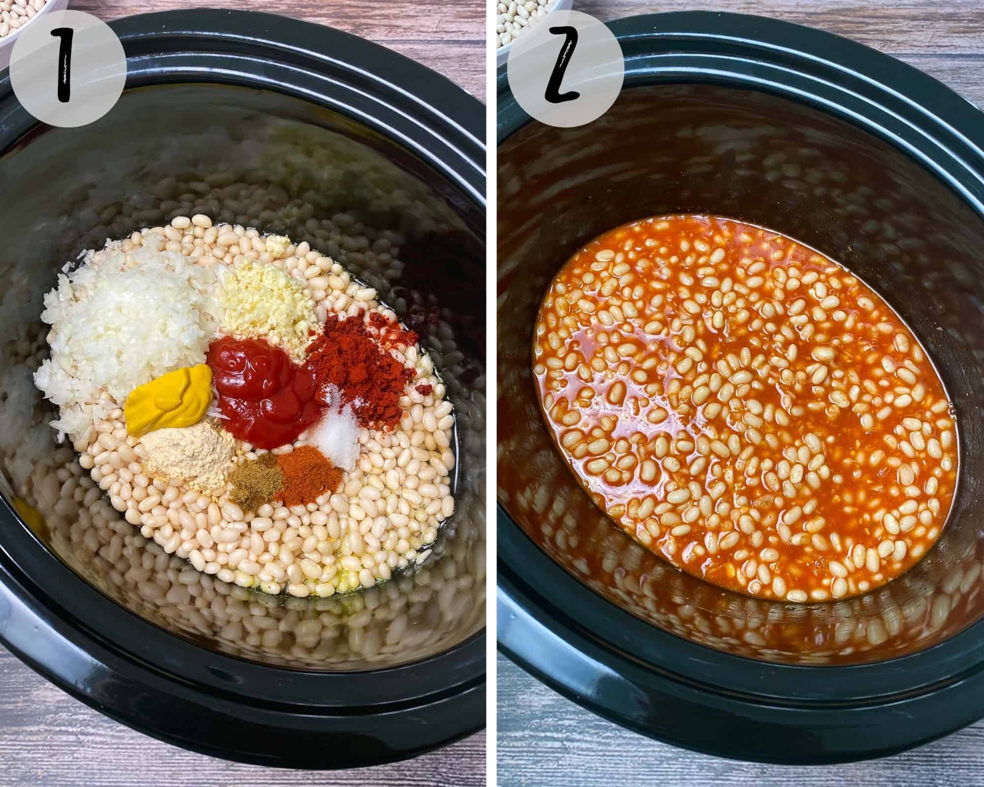 raw dried beans, seasoning, tomato paste and mustard inside slow cooker