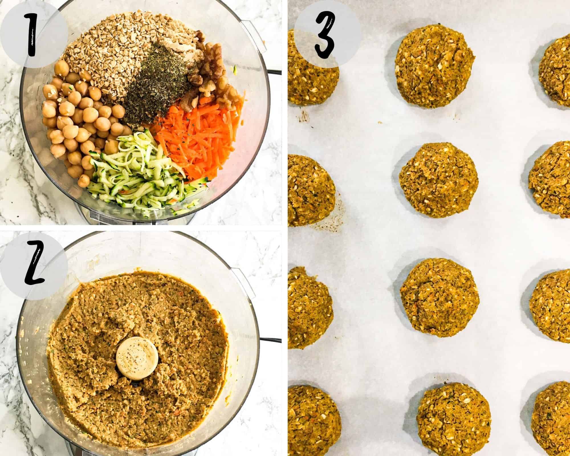 shredded veggies, chickpeas, oats and seasoning in food processor to make batter