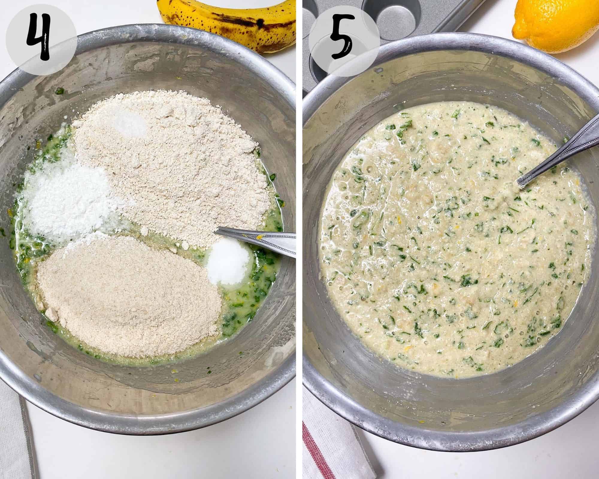 mixing bowl filled with dry and wet ingredients mixed to make batter