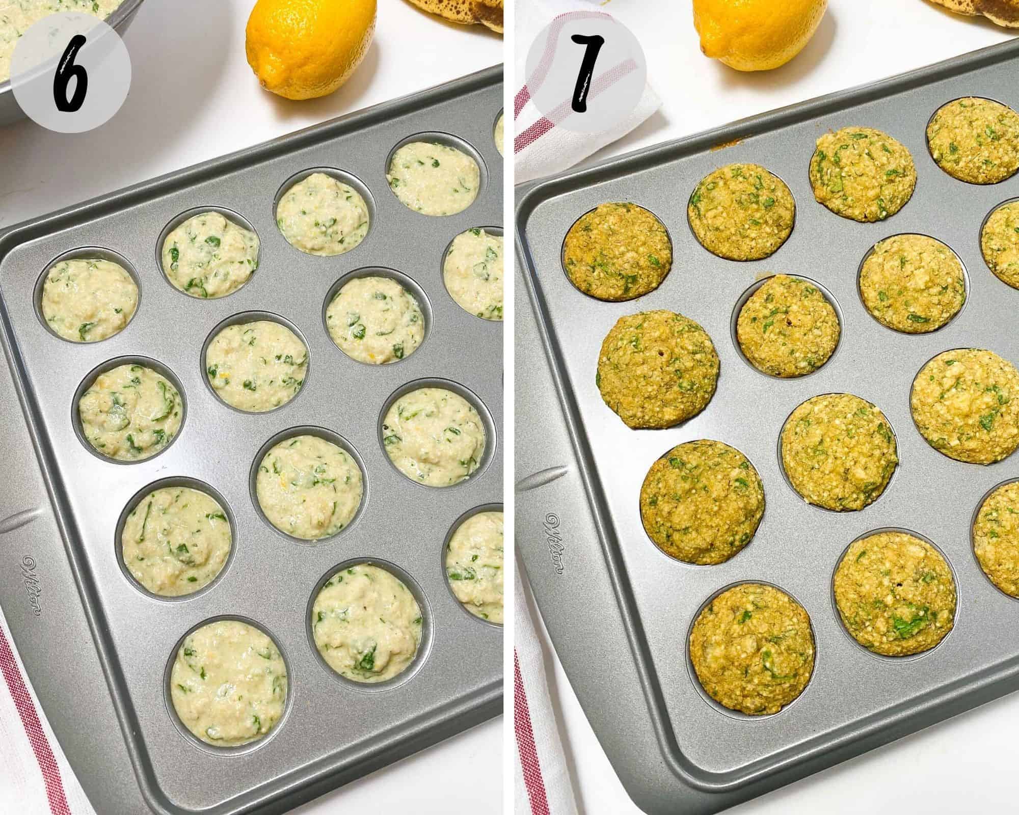 mini muffins in baking pan before and after cooking