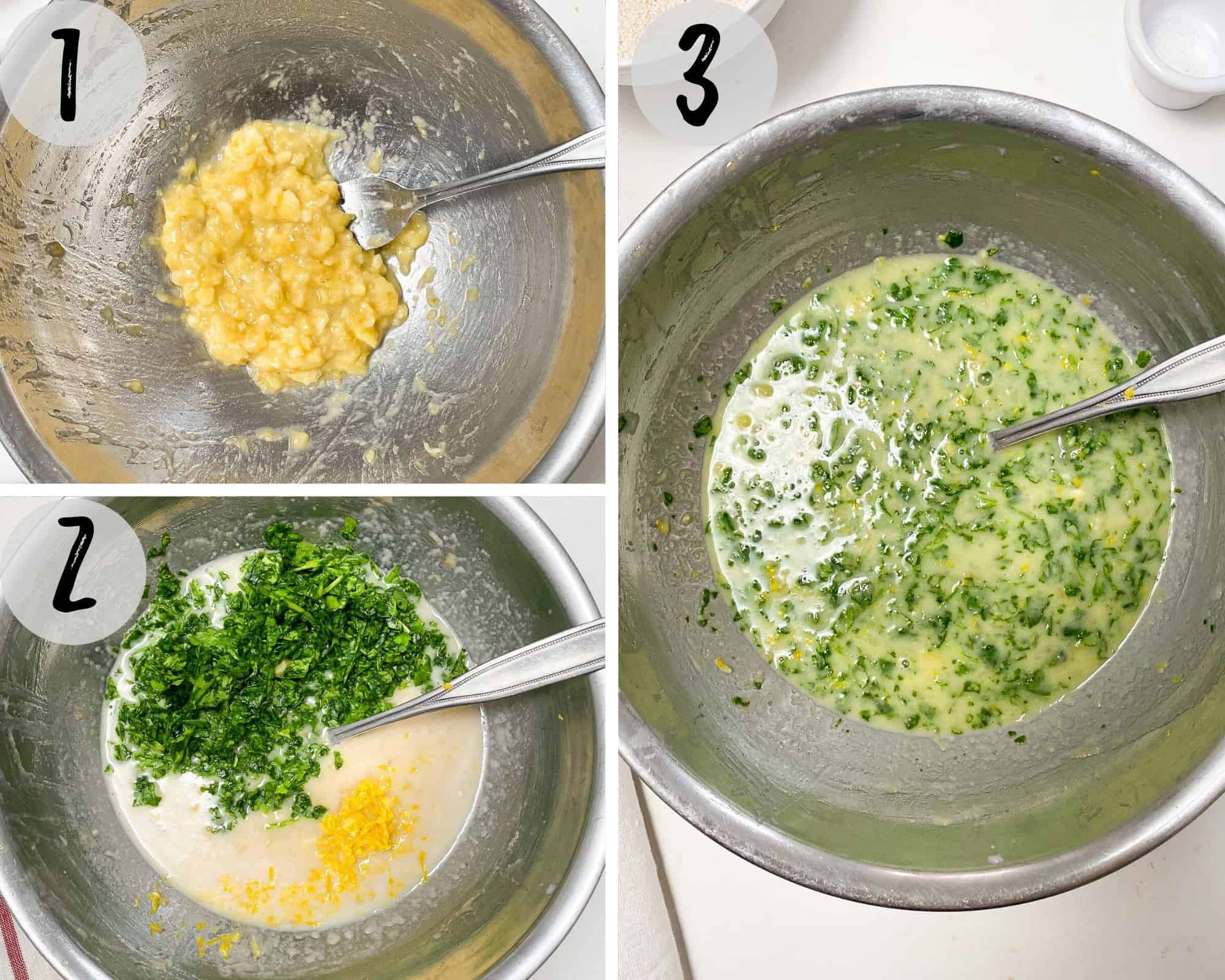 mashed banana in large bowl with chopped spinach and lemon zest to make muffin batter