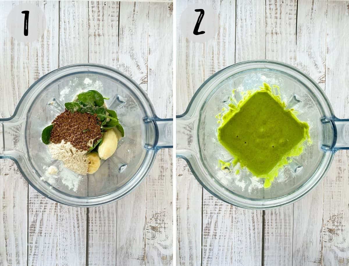 Blender with banana, flour, spinach, flaxseed and milk being pureed into batter.